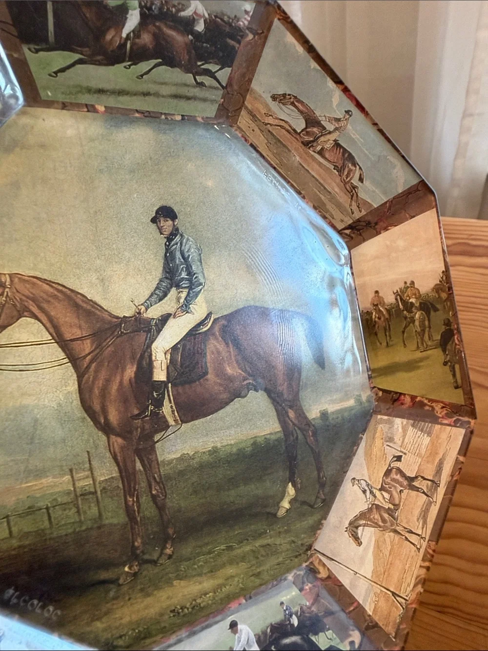 Equestrian octagon plate featuring a jockey on his horse, beautiful